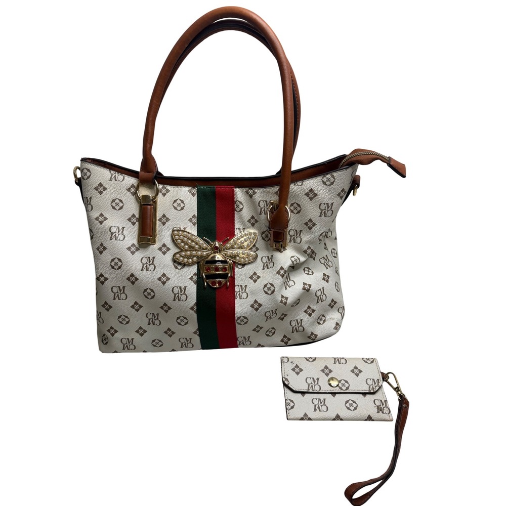 CM Monogram Tote Bag with Pearl Bee Accent and Matching Wallet Cream Brown